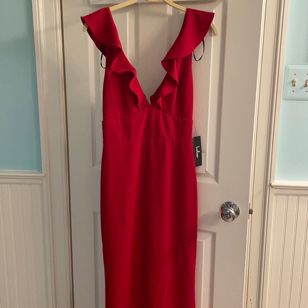 Full length red v neck dress with ruffle details